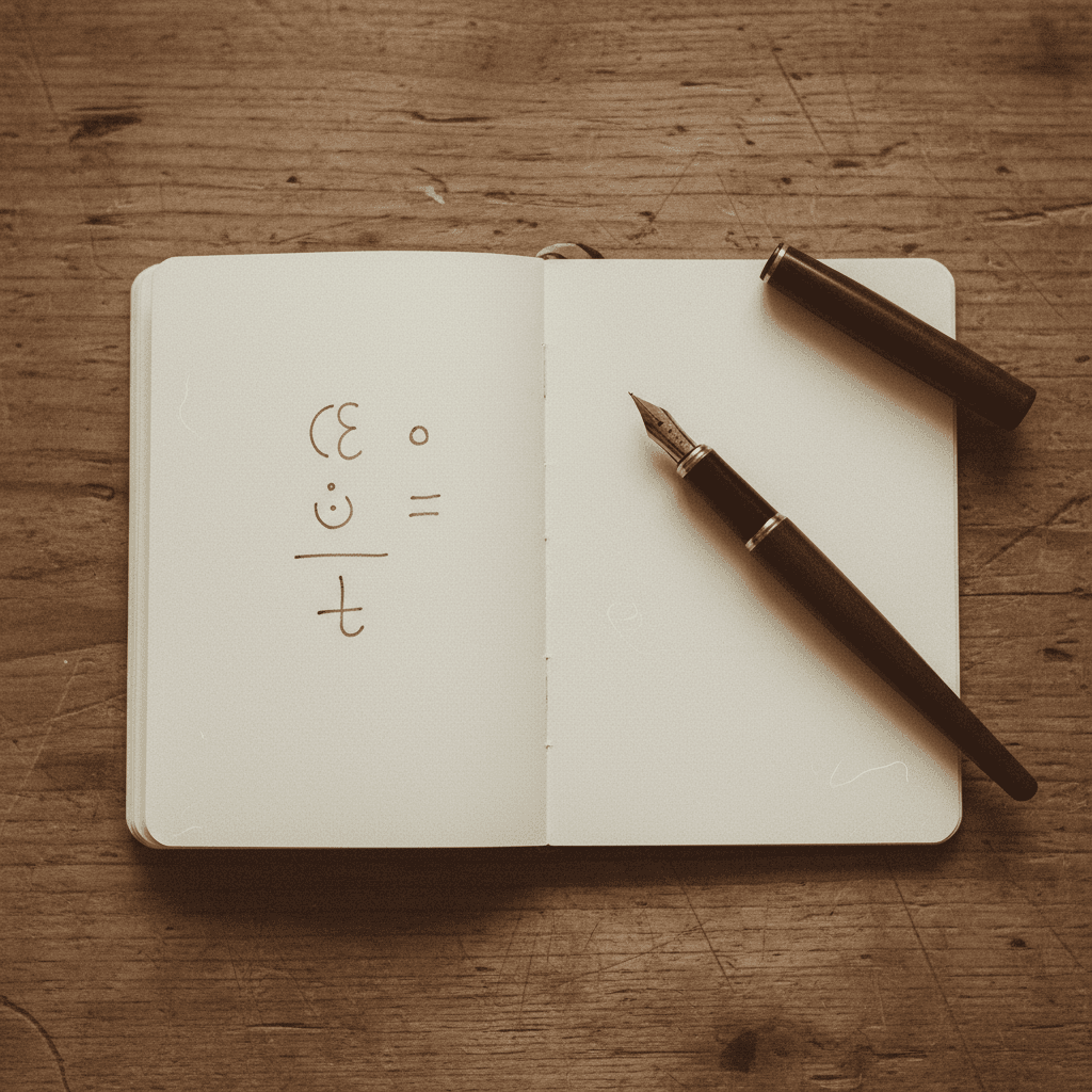 Quaderno con calcoli scritti a mano e penna appoggiata su un tavolo di legno