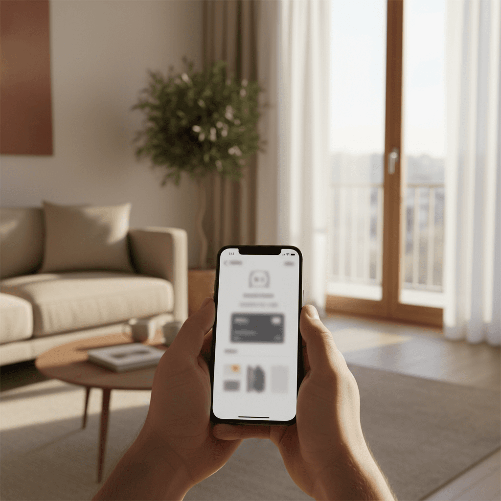 Mani che tengono uno smartphone con un'app wallet visibile sullo schermo