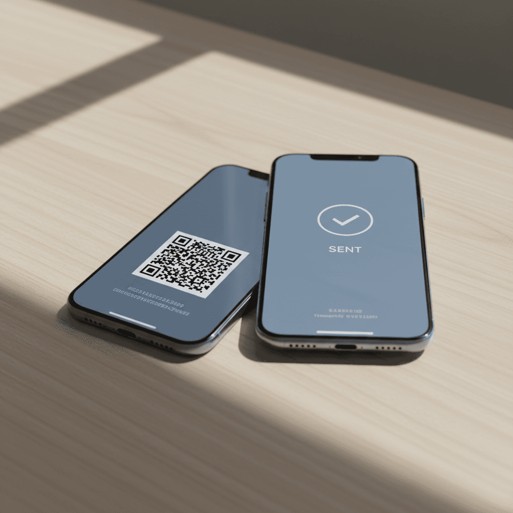 Due smartphone affiancati su un tavolo di legno, uno mostra un indirizzo wallet e l'altro una conferma di invio